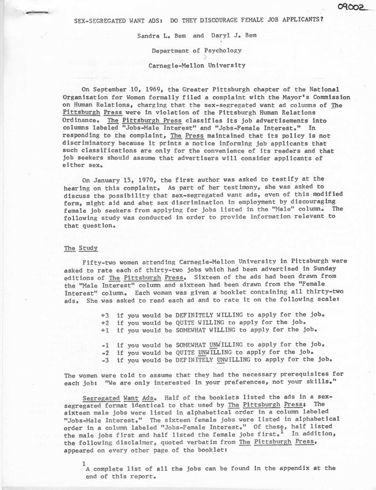 Item #1694 Sex -Segregated Want Ads: Do Discourage Female Job Applicants. Sandra L. Bem, Daryl J.