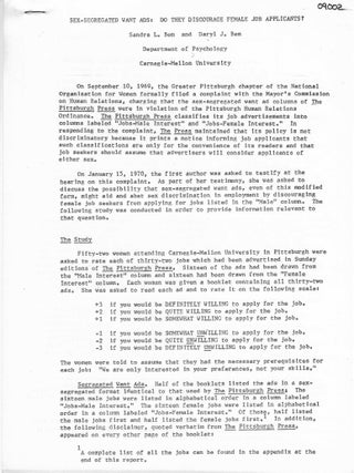 Item #1694 Sex -Segregated Want Ads: Do Discourage Female Job Applicants. Sandra L. Bem, Daryl J